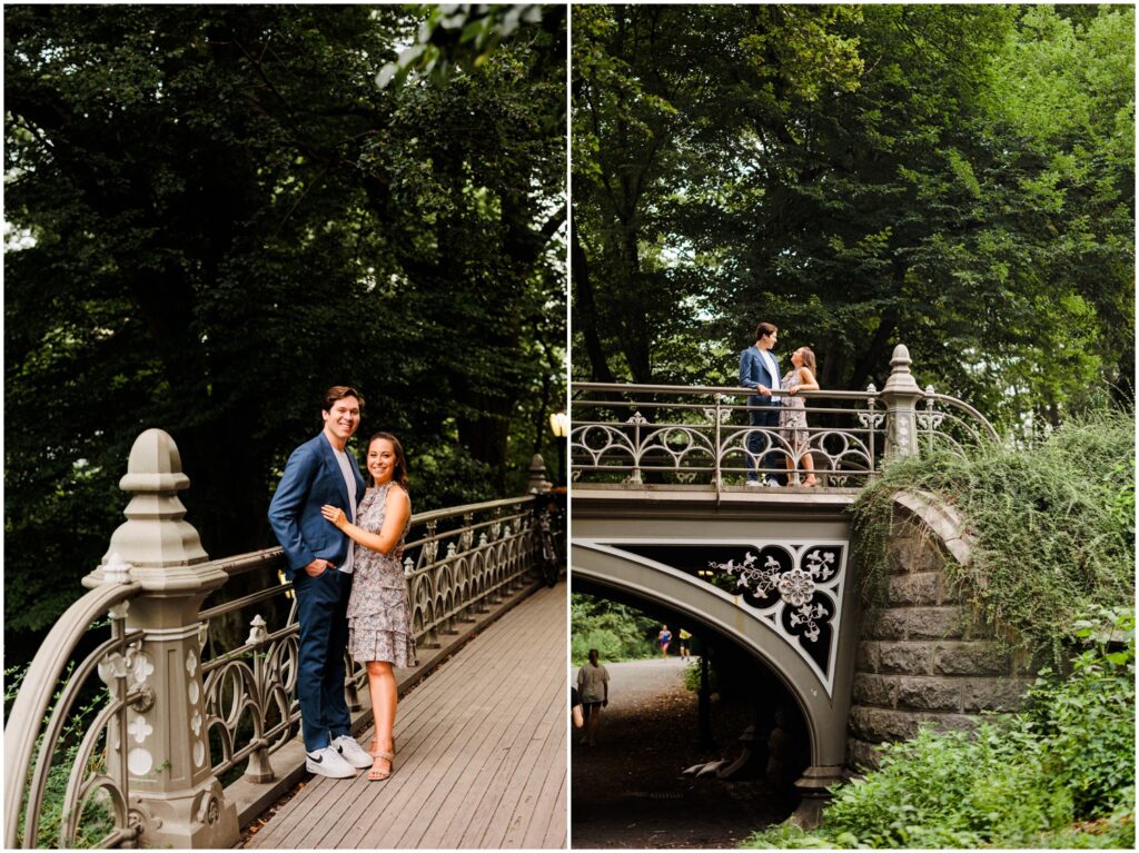 A man and woman pose for a New Jersey wedding photographer on a bridge in Central Park.