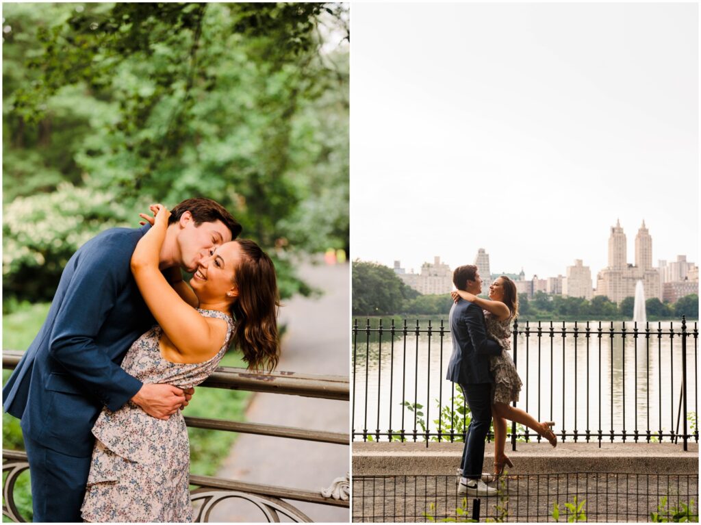 A man lifts his fiancee for a kiss with the Manhattan skyline in the background.
