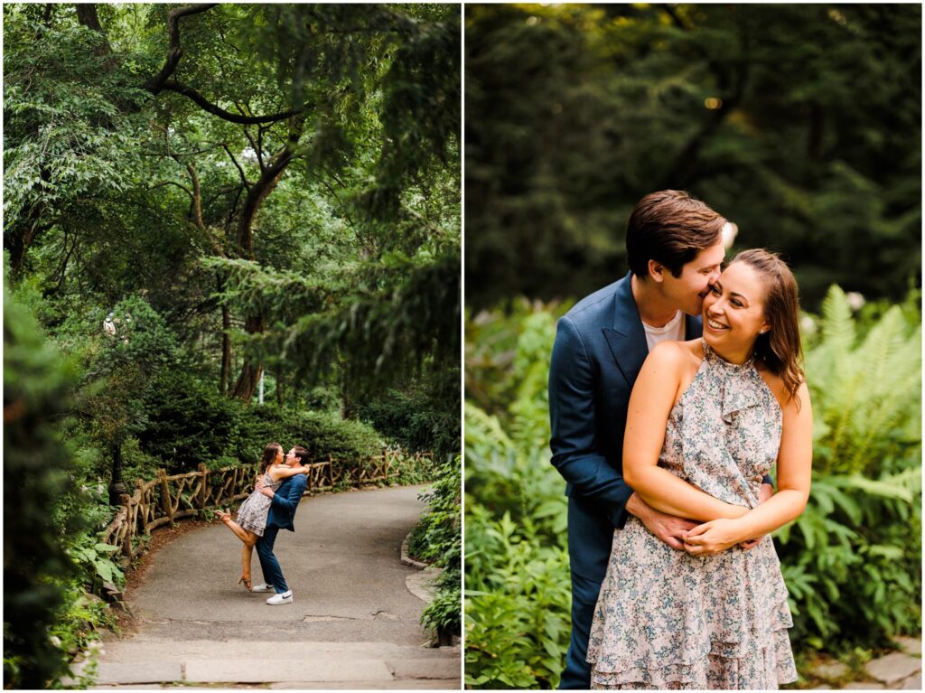 A man kisses a woman's cheek in a garden in Central Park engagement photos.