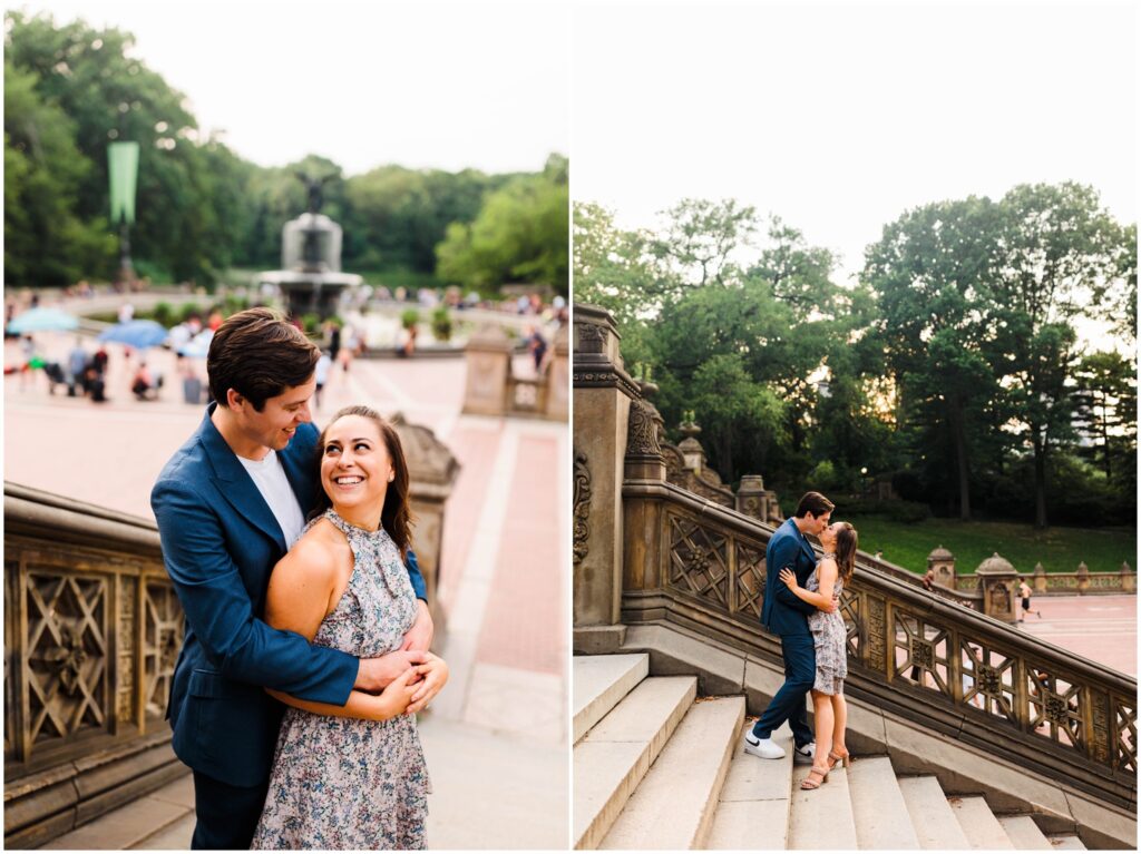 A man and woman pose for an engagement photo at Bethesda Terrace.