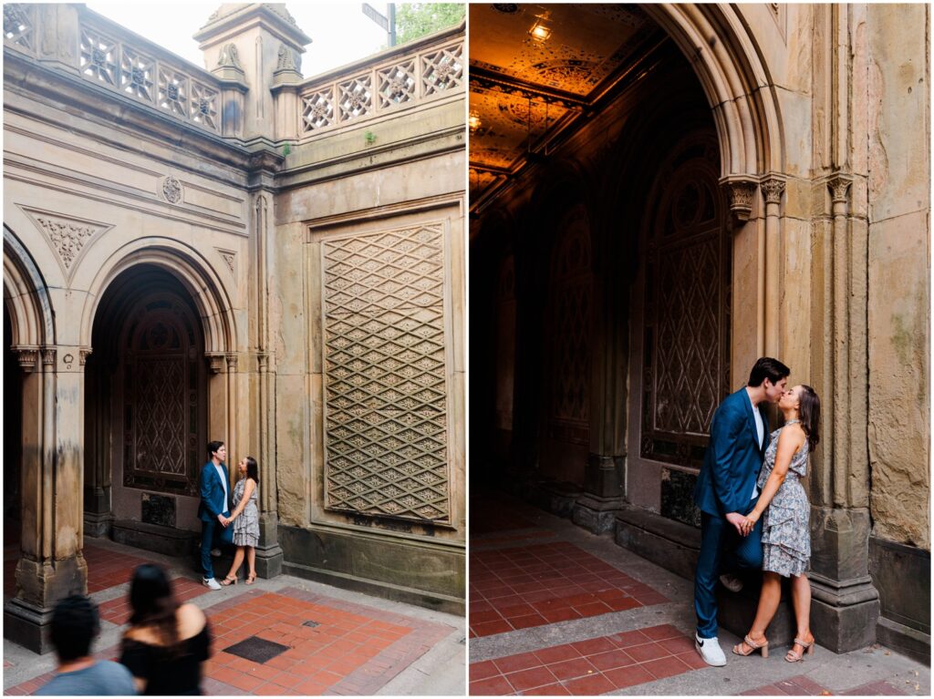 An engaged couple leans against a wall at Bethesda Terrace.
