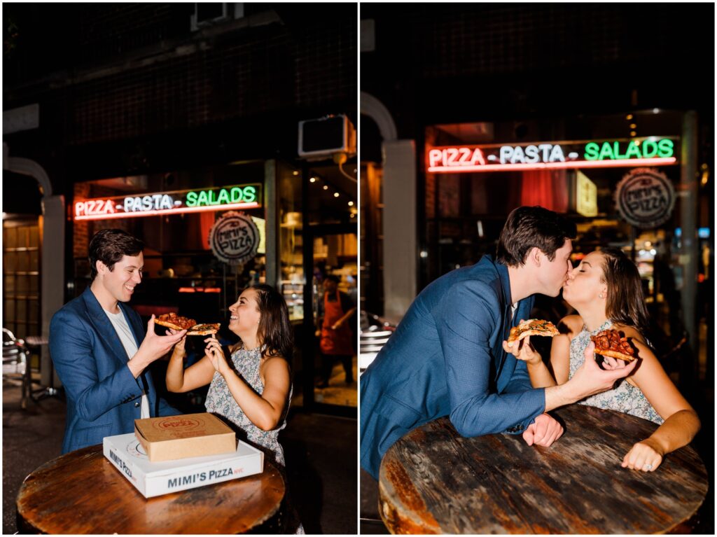 A man and woman pose with pizza slices for New York City engagement photos.