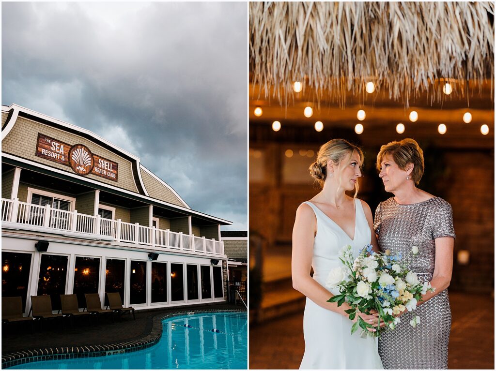 A bride and her mother pose for a portrait in a tiki hut beside the pool at the Sea Shell Resort.
