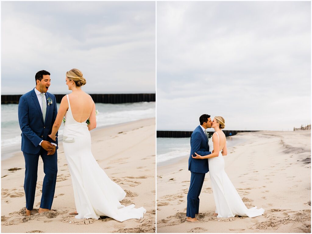 A bride and groom kiss at their first look on the beach in LBI.
