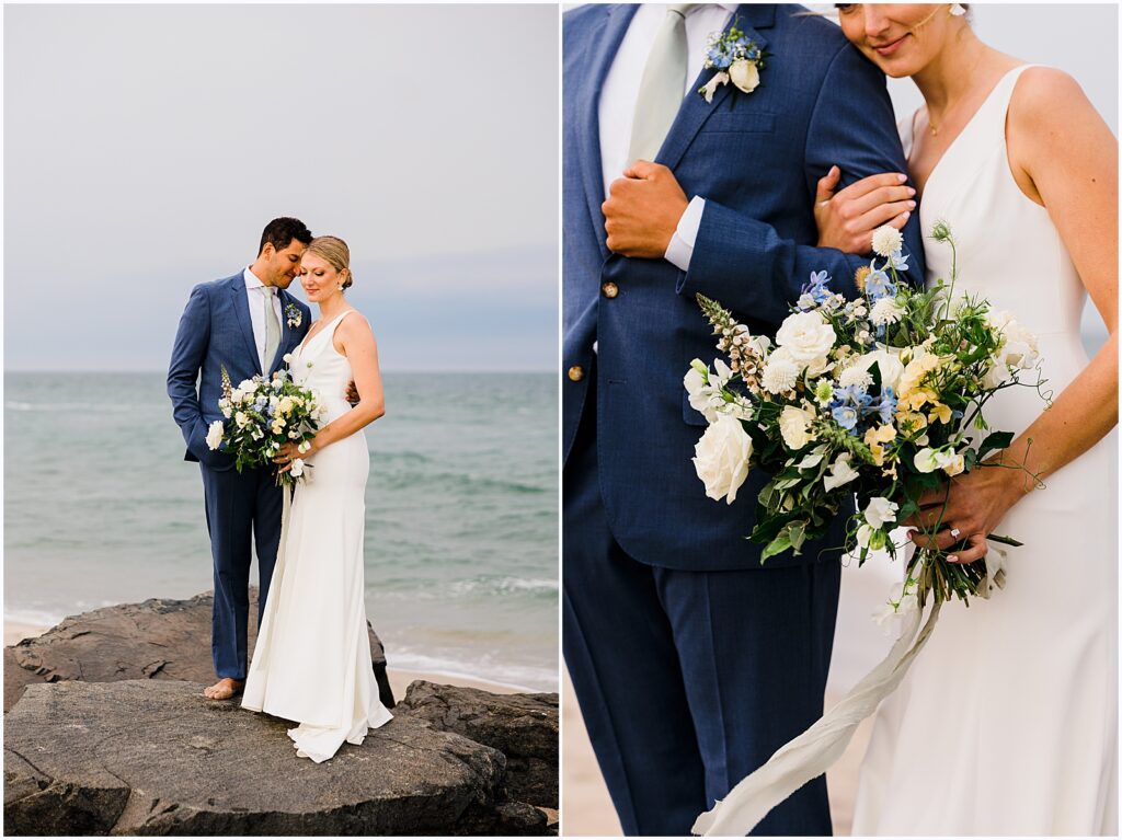 A bride puts her arm in a groom's in beach wedding photos.