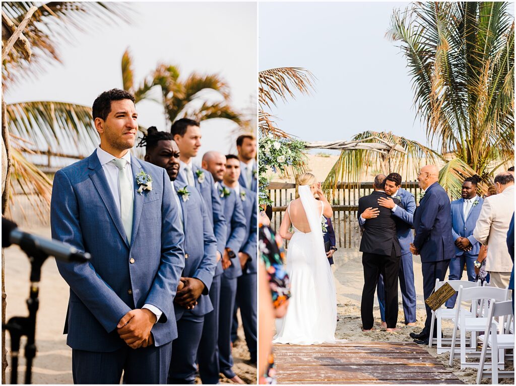 A groom tears up when he sees a bride walk down the aisle.