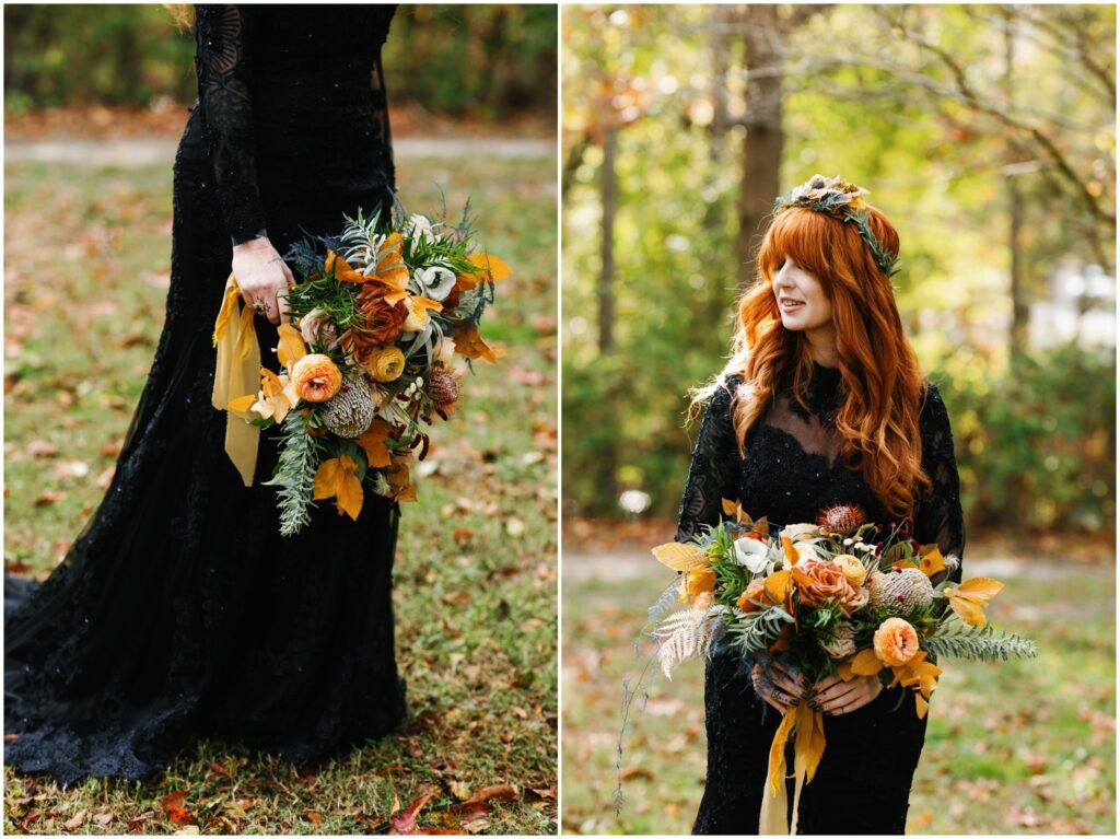 A bride in a black wedding dress poses with a bridal bouquet at her Good Earth Market wedding.