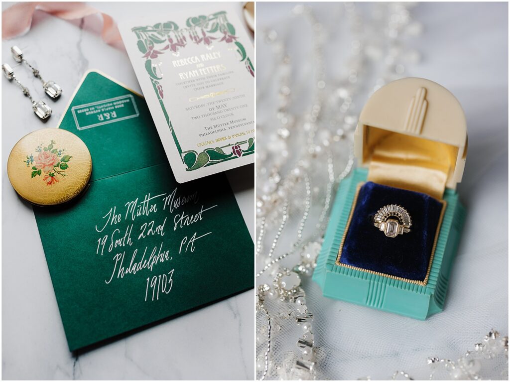 A vintage wedding ring sits in a Tiffany blue box.