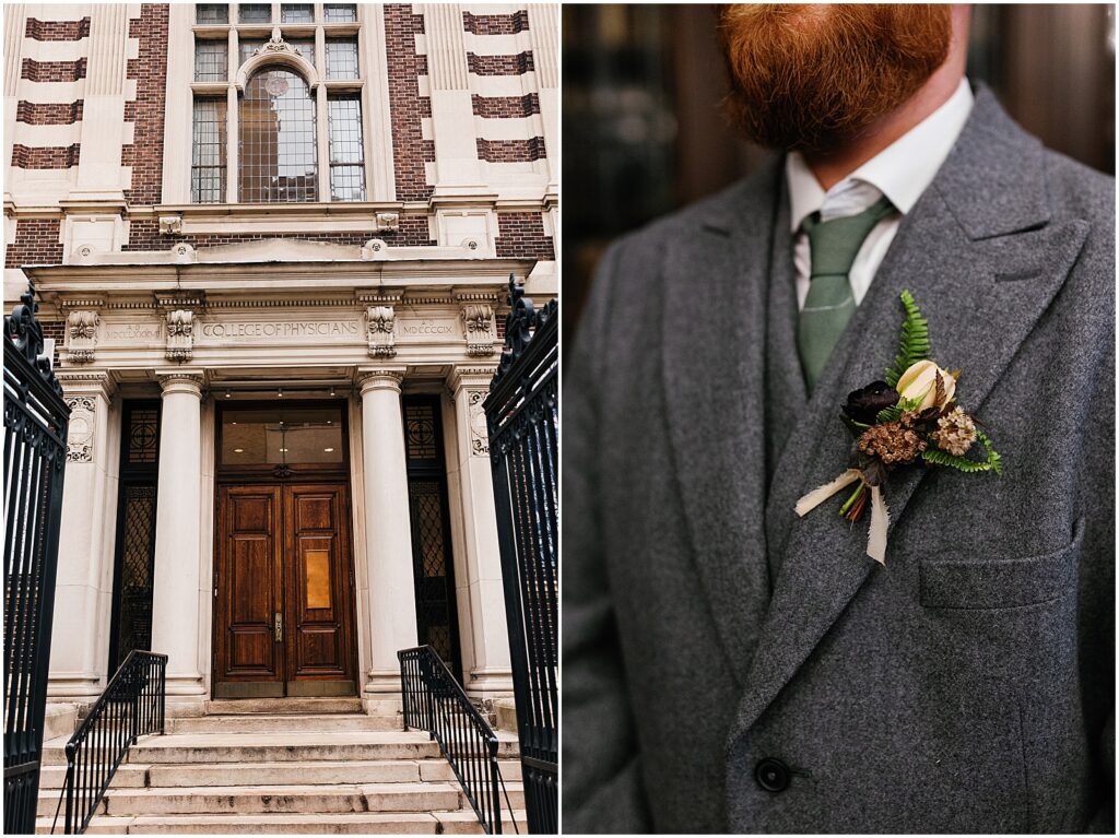 A groom poses in front of the Mutter Museum with a black flower in his boutonnière.