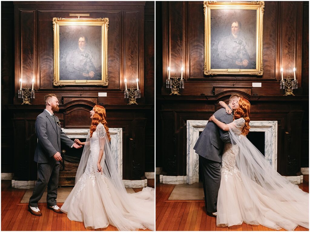 A bride and groom embrace in front of a fireplace in the Mutter Museum during their first look.