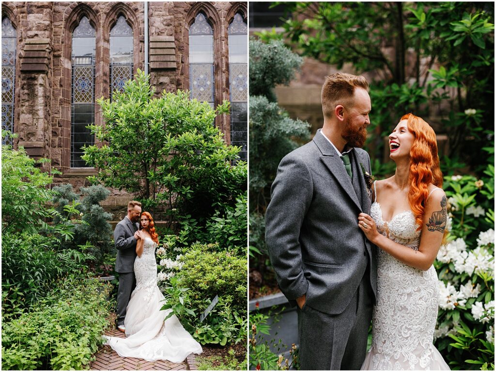 A bride and groom pose for wedding portraits in a garden outside a museum.