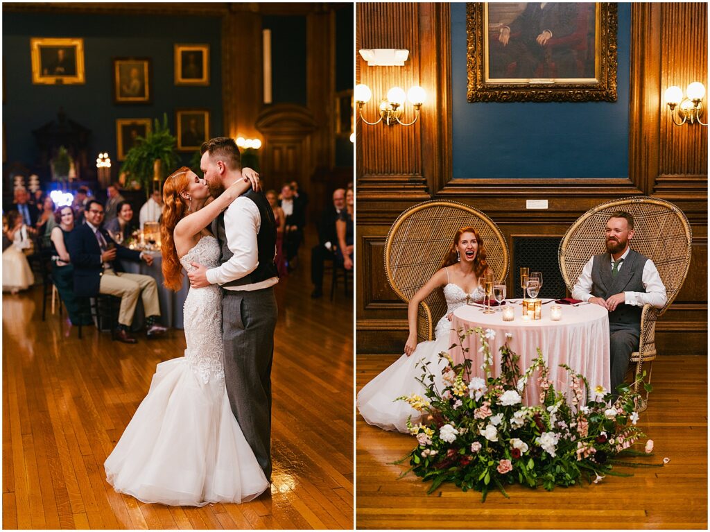 A bride and groom laugh during speeches at their Mutter Museum wedding reception.