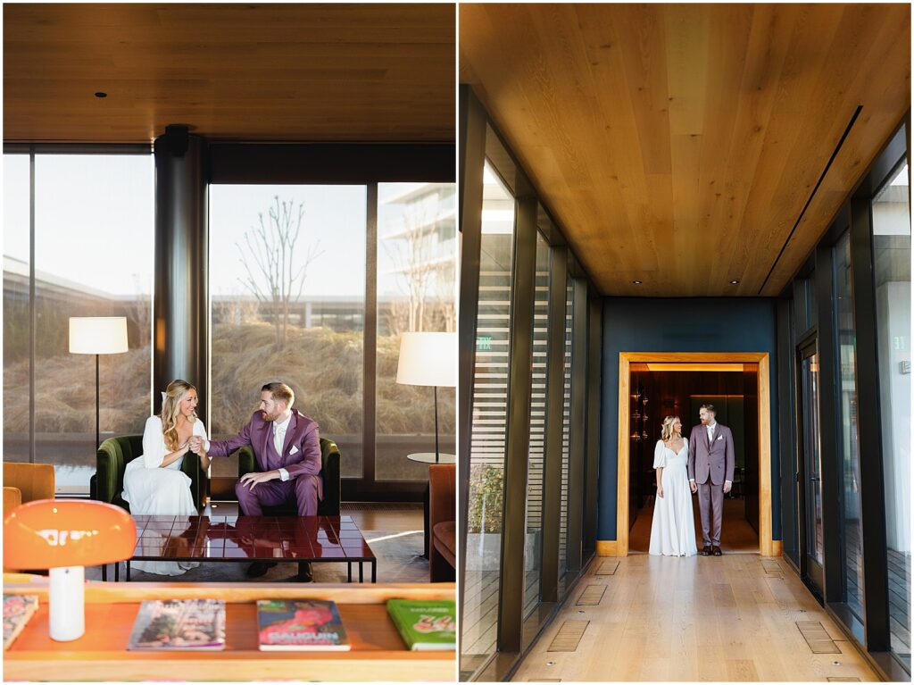 A bride and groom stand in the doorway of a mid-century modern hotel at their Asbury Park wedding.