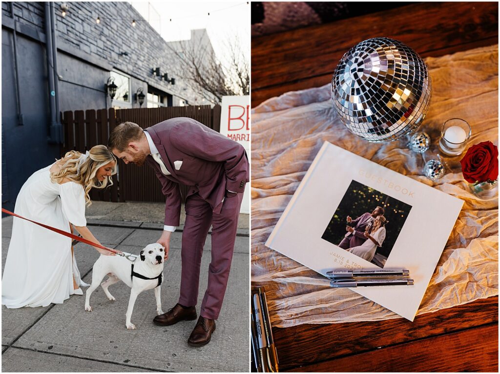 A wedding guestbook sits on a table with a disco ball at Porta Asbury Park.