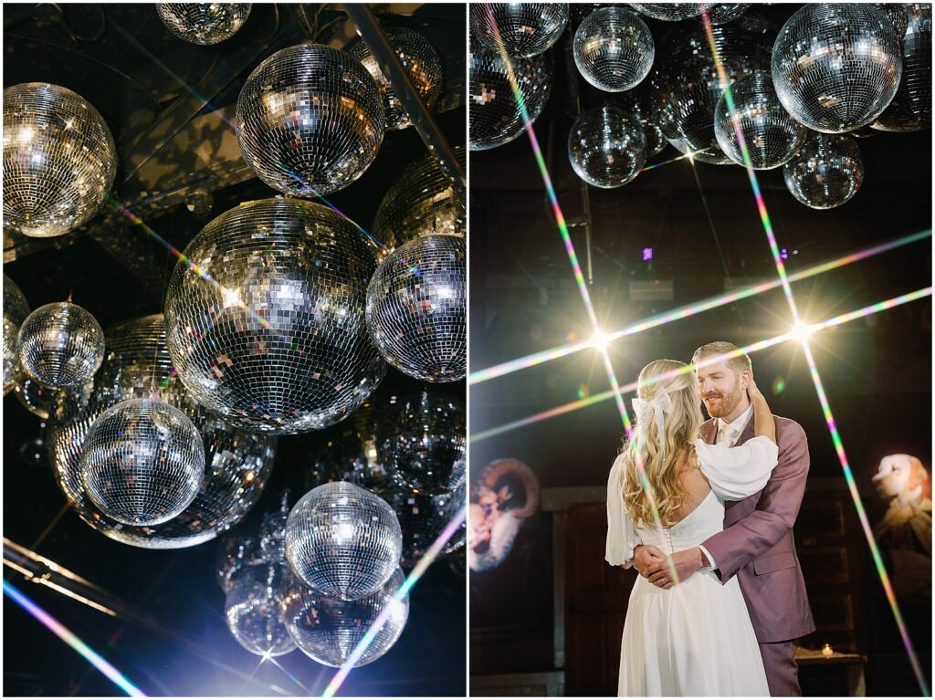 A bride and groom dance under disco balls at their Porta Asbury Park wedding.