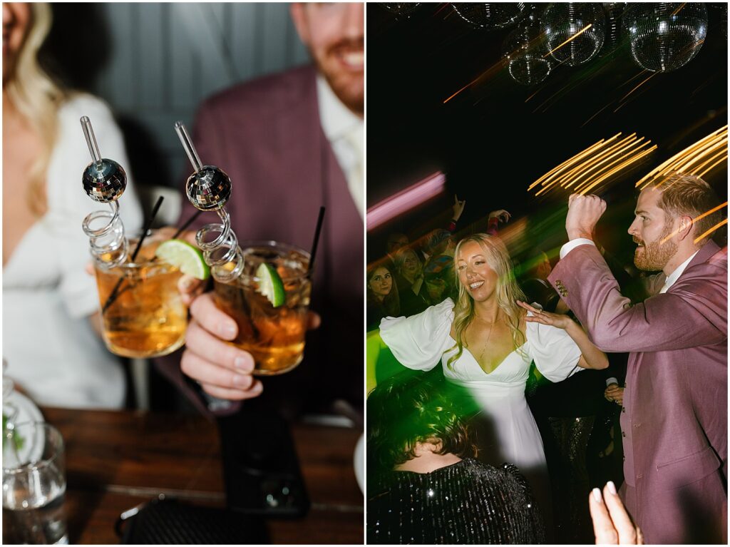 A bride and groom clink cocktails with disco ball swizzle sticks at Porta Asbury Park.