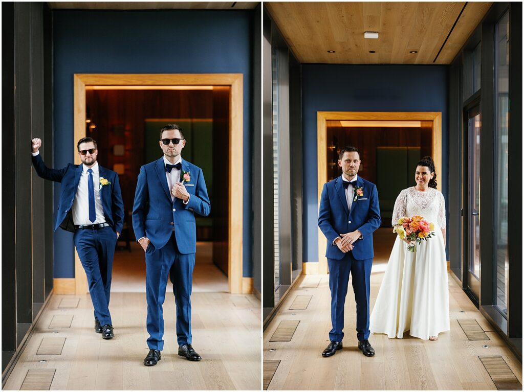 A groom and groomsman pose in sunglasses in the hallway of the Asbury Ocean Club Hotel.