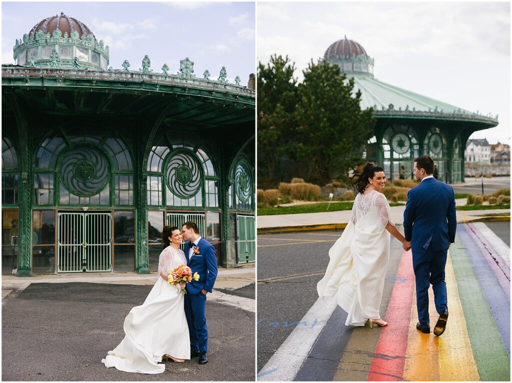 A bride and groom walk across a rainbow crosswalk before their New Jersey wedding.