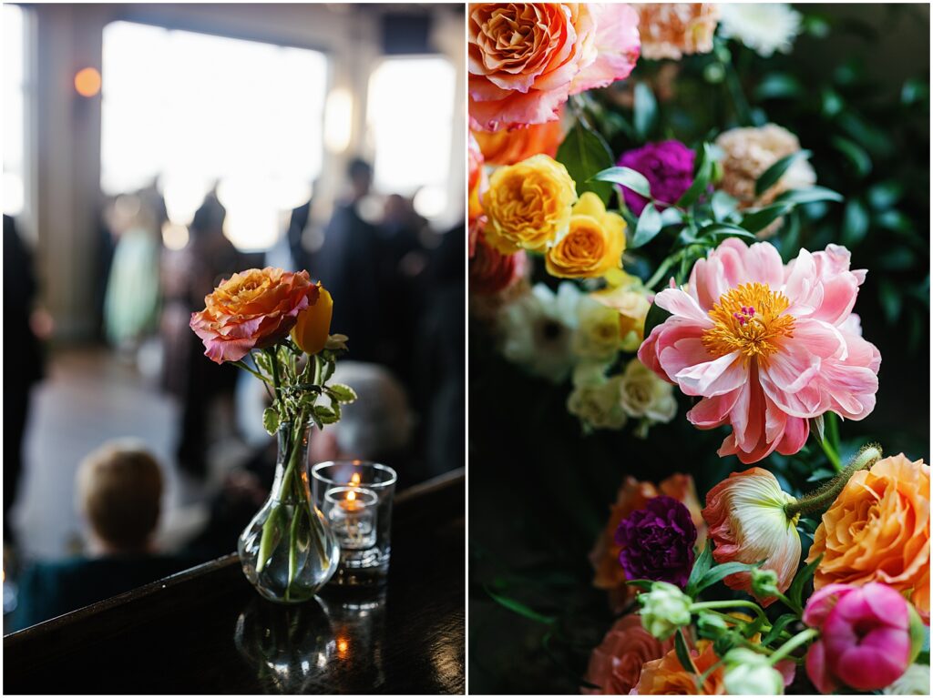 Colorful wedding flowers decorate Watermark Asbury Park for a ceremony.