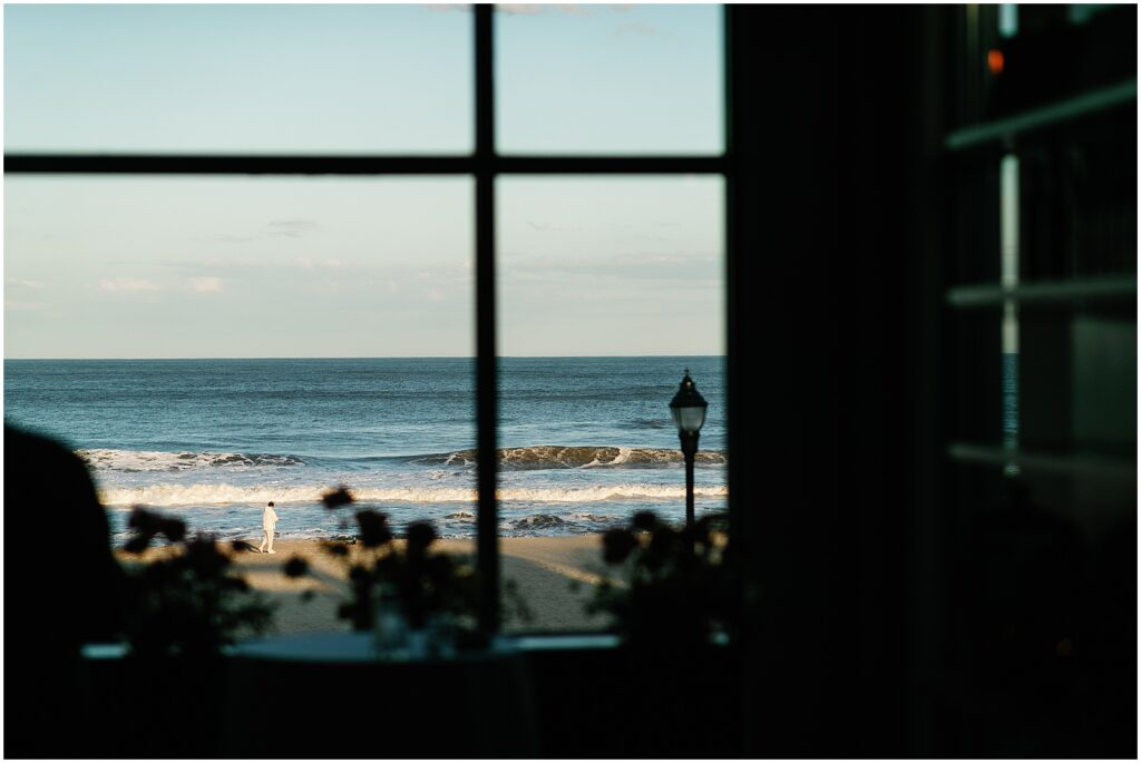 The ocean crashes on the beach outside the window of an Asbury Park wedding venue.