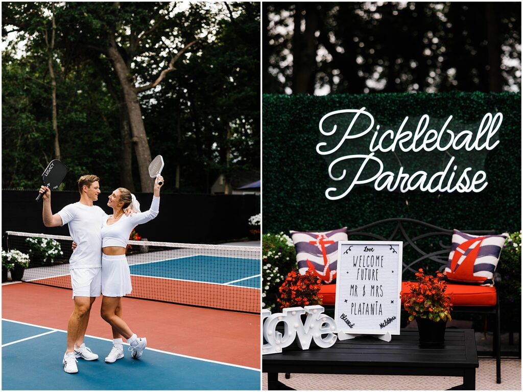 A couple embraces on a pickleball court during their engagement session.