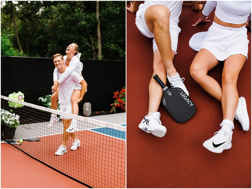 A woman jumps on a man's back on a pickleball court in fun engagement photos.