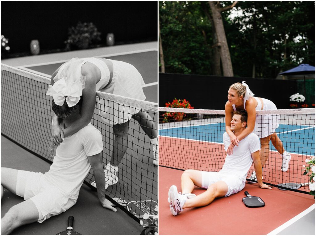 A woman leans over a net to kiss a man in pickleball engagement photos.