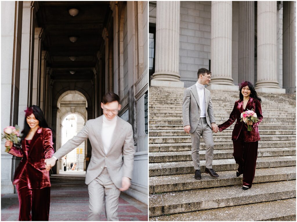 A bride and groom walk down the steps of a Manhattan building after their NYC elopement.